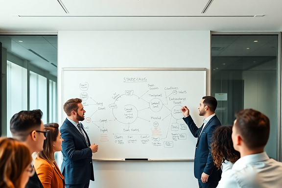 Team brainstorming with whiteboard strategy diagrams